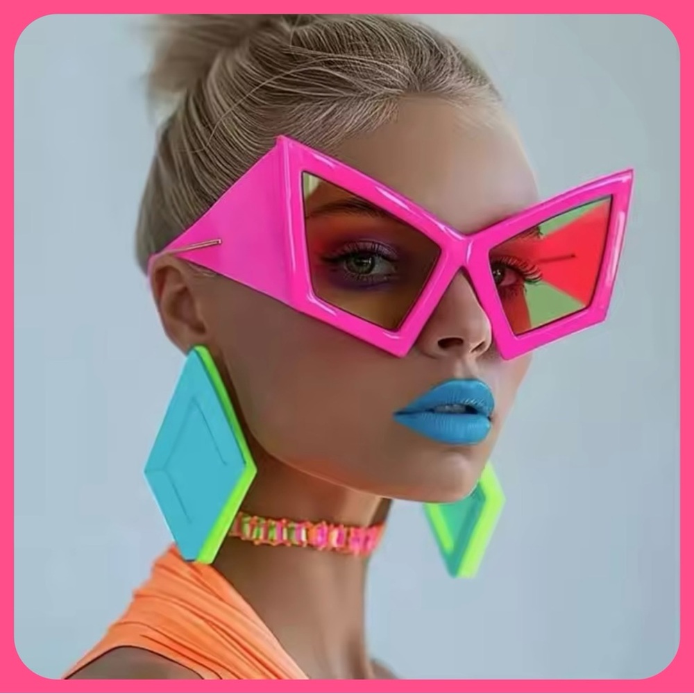 NWT✨HOT PINK WITH GREEN LENSES FUTURISTIC STATEMENT GEO OVERSIZED SUNGLASSES